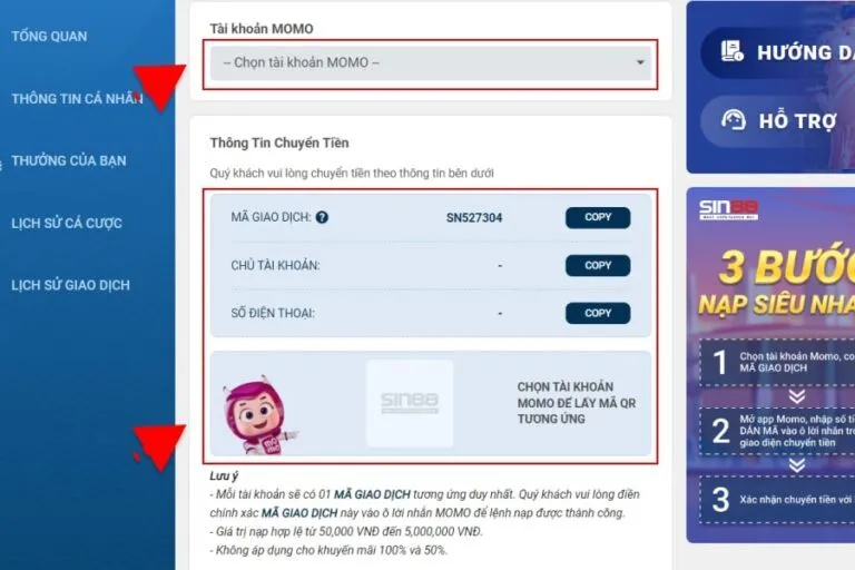 Cách thức nạp tiền qua ví điện tử Momo tại sân chơi SIN88