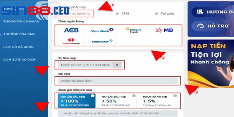 Thực hiện thanh toán nạp tiền qua Internet Banking